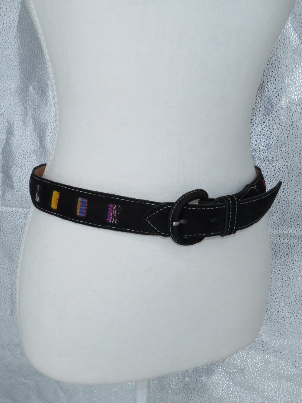 Guatemalan Woven Leather Belt Size 32 Black Suede Boho Southwestern Artisan Vntg
